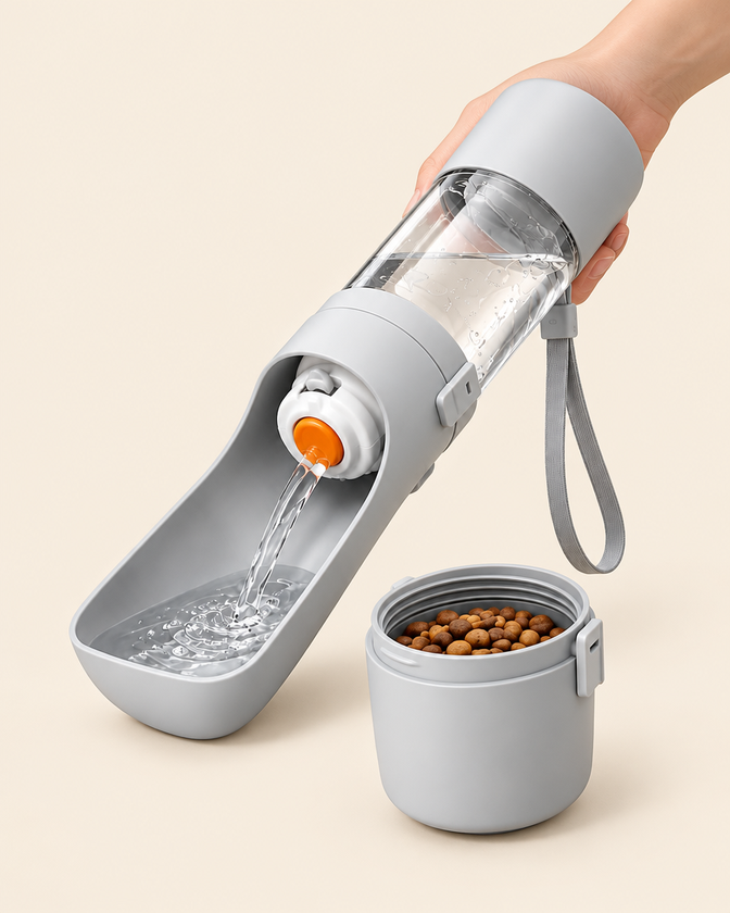 The open Zooplis bottle pouring water into its bowl, with the food cup beside it