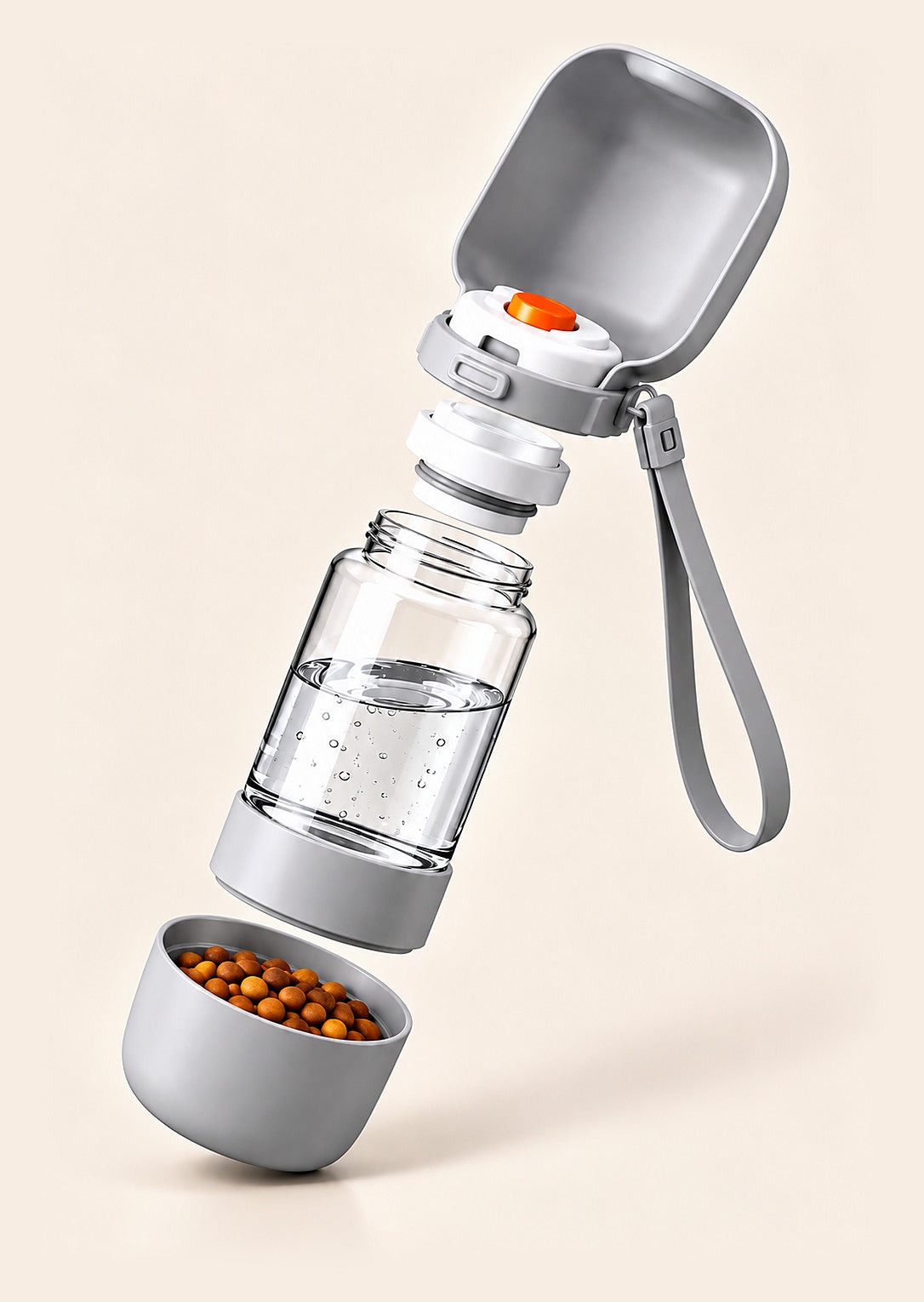 The bottle taken apart: lid with orange button and strap, neck plug, water bottle with its base ring, and the food cup with dry food