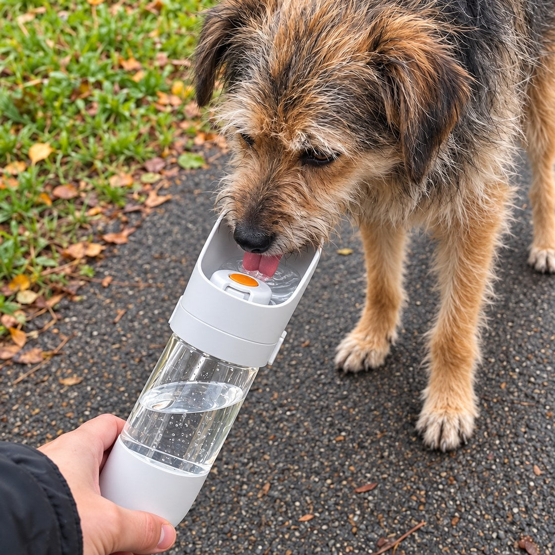 A dog drinks from the bowl of the bottle while a hand holds it
