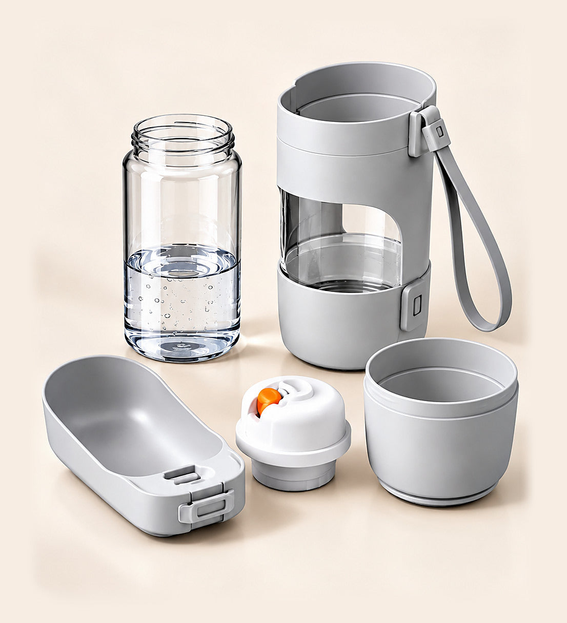 The bottle taken apart into its detachable parts: water bottle, sleeve, bowl, cap with orange button and food cup
