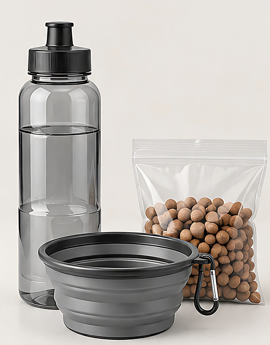 A regular bottle, a collapsible bowl and a bag of dry food