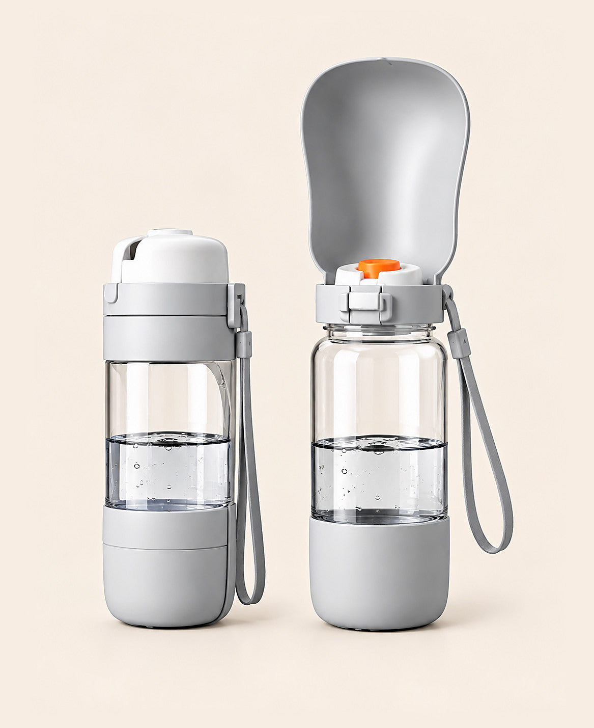 The bottle closed beside the bottle with its bowl open